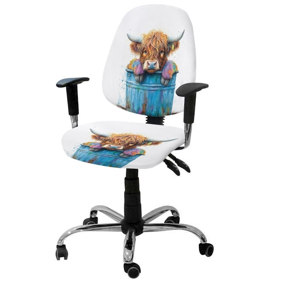 Highland Cattle Office Chair Covers Stretchable Farmhouse Funny Split Computer Desk Chair Cover Universal Spandex Chair Seat Covers Rotating Boss Arm Chair Slipcovers