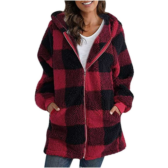 CEHVOM Women's Fashion Keep Warm Casual Hooded Plaid Zip Pocket Jacket Top Blouse Coat Clearance