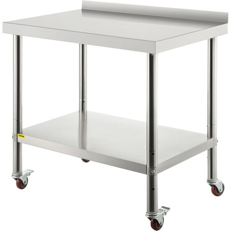 

VEVORbrand Stainless Steel Prep Table 36 x 24 x 35 inch 440lbs Load Capacity Heavy Duty Metal Worktable with Backsplash Adjustable Undershelf & 4 Casters for Kitchen Restaurant