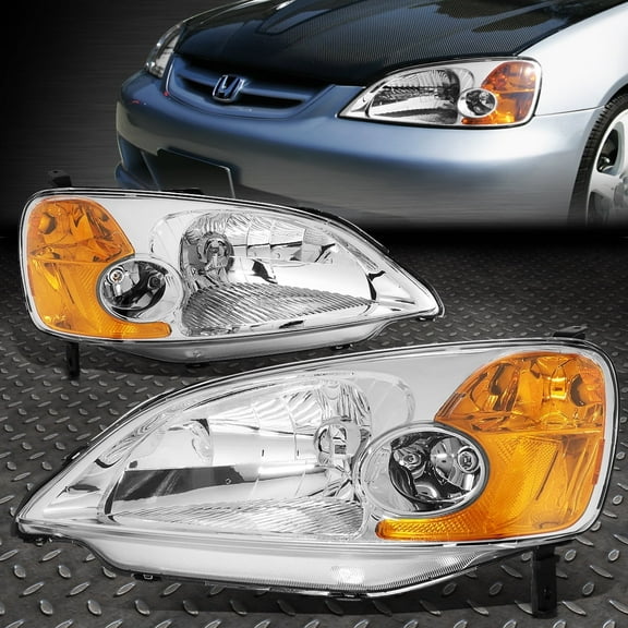 NUVISION for 01-03 Honda Civic OE Style Chrome Housing Amber Corner Headlight Head Lamps