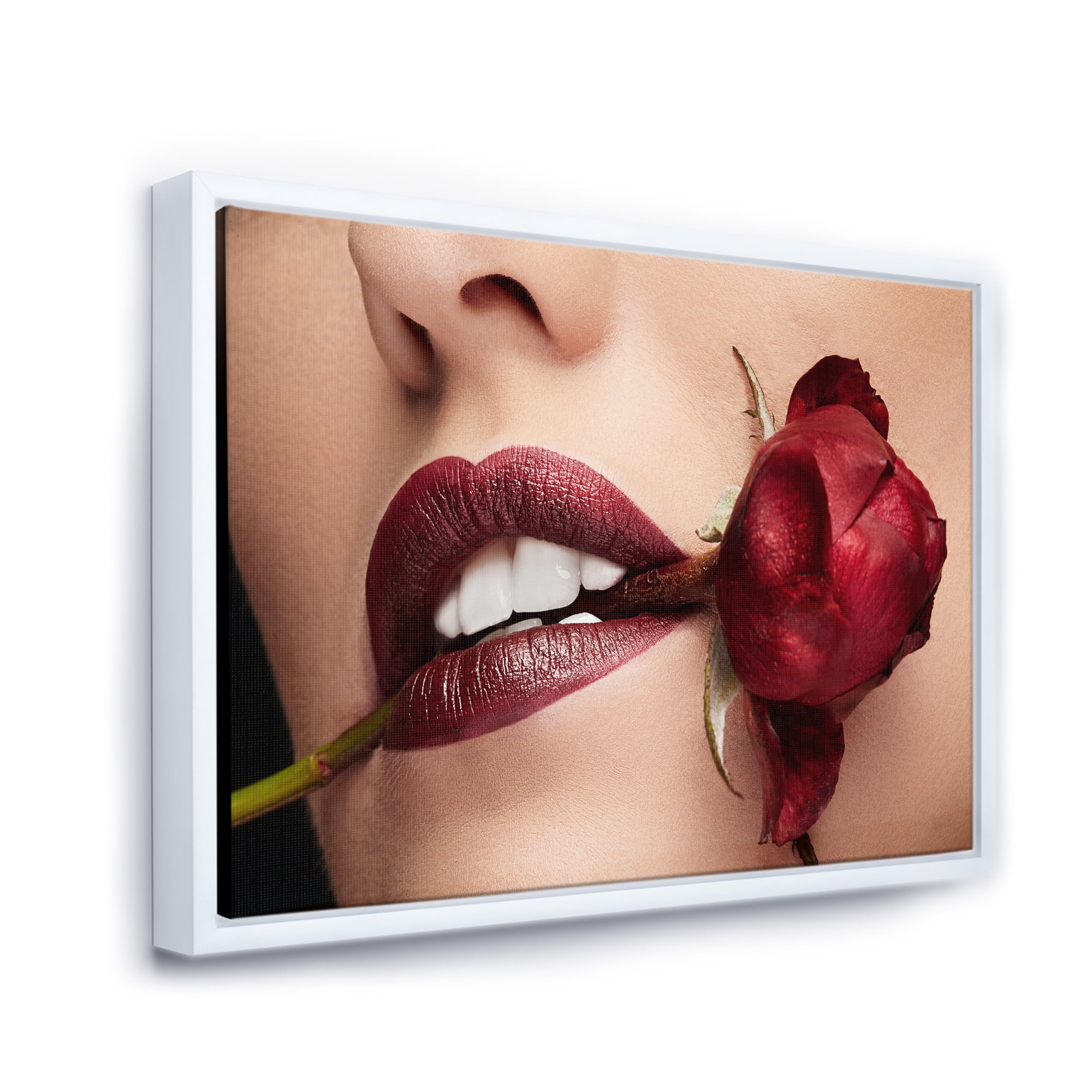 Designart 'Girl With Red Lipstick Holding A Rose In Mouth' Modern Framed Canvas Wall Art Print