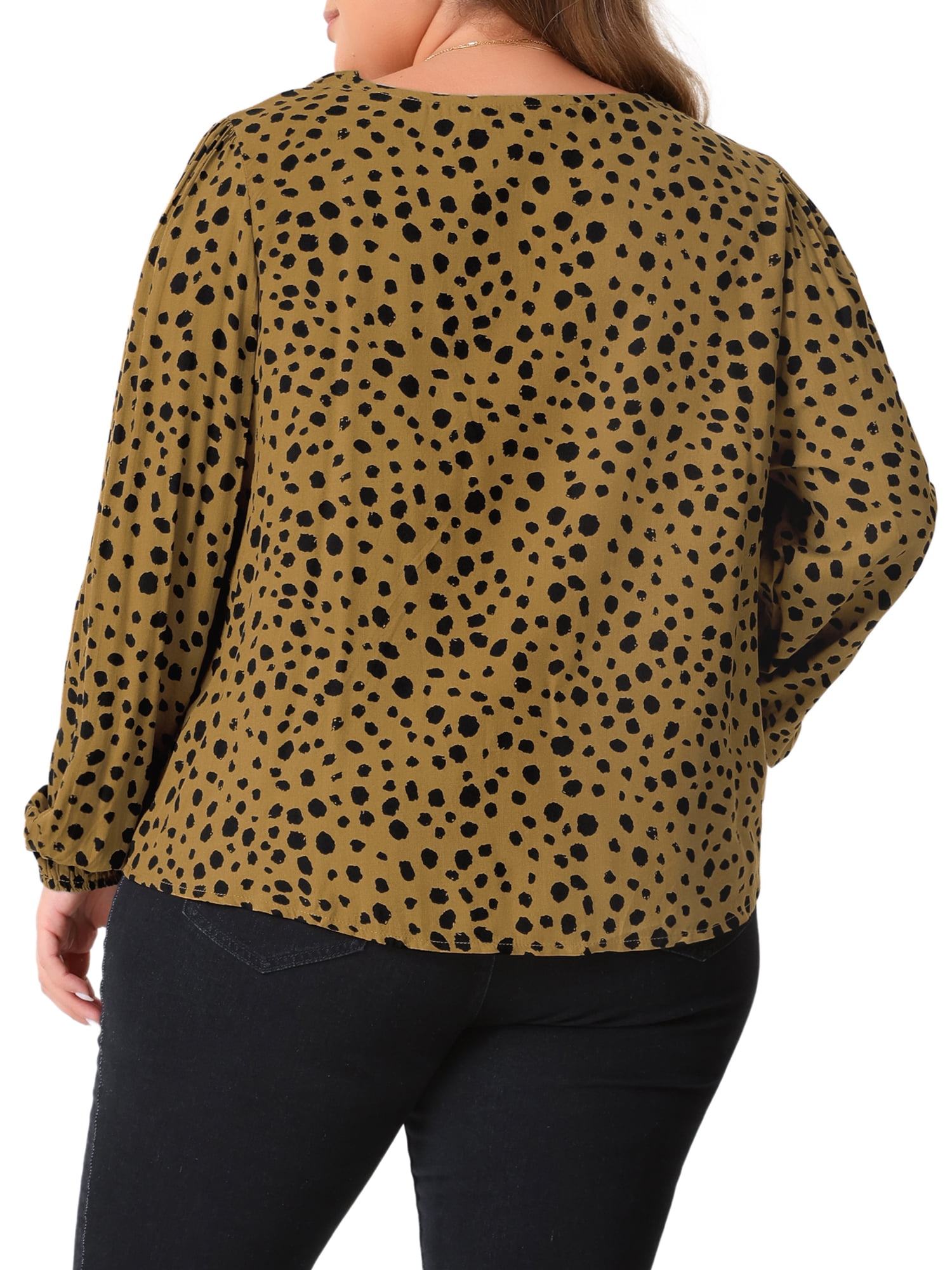 DARING DIVA Women's Plus Polka Dot V Neck Long Sleeve Blouse 2X Brown