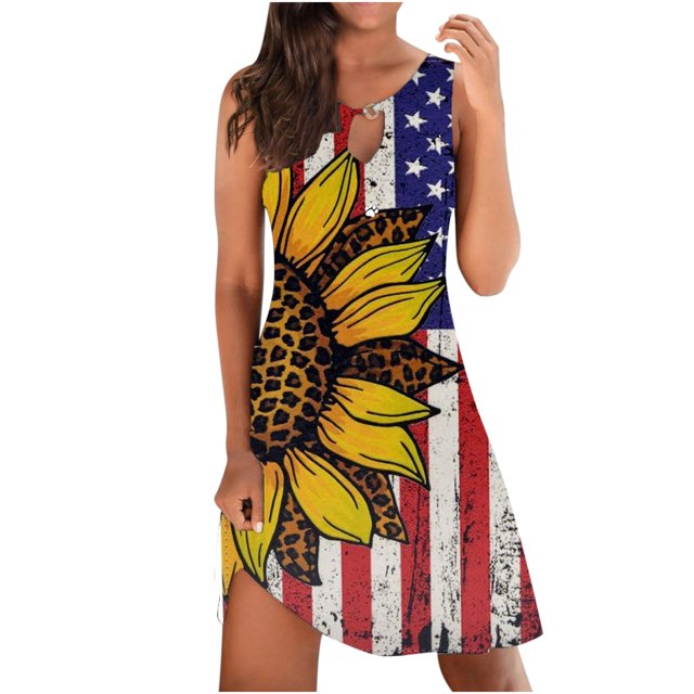 Mini vestido de mujer con cuello redondo y estampado sin mangas sexy a la moda del Día de la Independencia Pompotops ghjkhdj3340