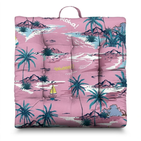 Tropical Boho Meditation Cushion for Adults - Thick & Supportive Square Floor Pillow with Hawaiian Island Design, 22x22 Inch Oversized Zabuton for Yoga & Lounge