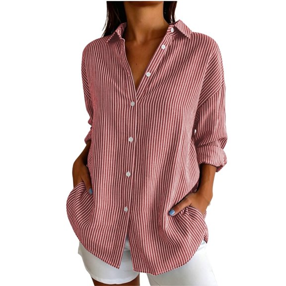 Qivvo Oversized Striped Button down Shirts for Women Classic Long Sleeve Collared Blouses Office Work Tops Outfit(Red,X-Large)
