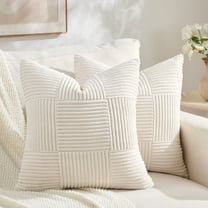Fancy Homi Set of 2 Cream Boho Decorative Throw Pillow Covers 18x18 inch for Living Room Bedroom Couch Bed Sofa, Modern Farmhouse Home Decor, Soft Striped Patchwork Plaid Corduroy Accent Cushion Case
