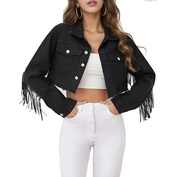 LAFOURAM Chaqueta vaquera con flecos para mujer vaquera occidental borla de diamantes de imitacion abrigo para motocicleta prendas de vestir Walmart en linea