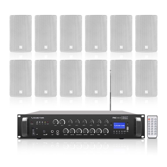 Sound Town Commercial Restaurant Bluetooth Amplifier   Surface-Mount Speaker Set, with One 6-Zone 70V/100V Amplifier with Bluetooth, 12 x 6.5-Inch Surface-Mount Speakers, White (PAC360X12TV6W)