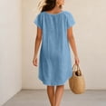 thumbnail image 5 of Women's Round Neck Ruffle Short Sleeve Mini Dress, Solid Loose Irregular High Low Hem Casual Swing Short Dress Blue S(S), 5 of 5