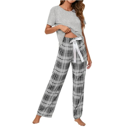 

Summer Savings Clearance 2023! PEZHADA Womens Pajama Sets Fashion Printed Round Neck Comfortable Loose Blouse Casual Tops+Pants Gray S