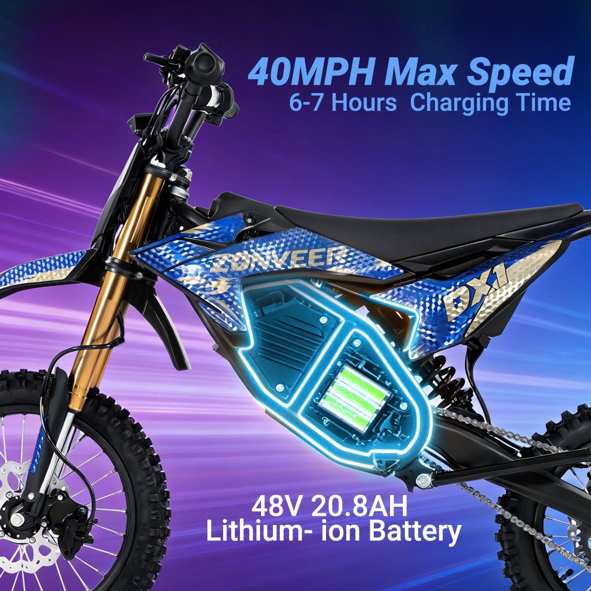 Zonveer DX1 Electric Dirt Bike for Adults Teens,3000W Peak Power,48V 20.8Ah Battery,40MPH Motorized Electric Mountain Bikes,14"/12" off-Road Tire E-Bike,Hydraulic Front Fork,UL2849