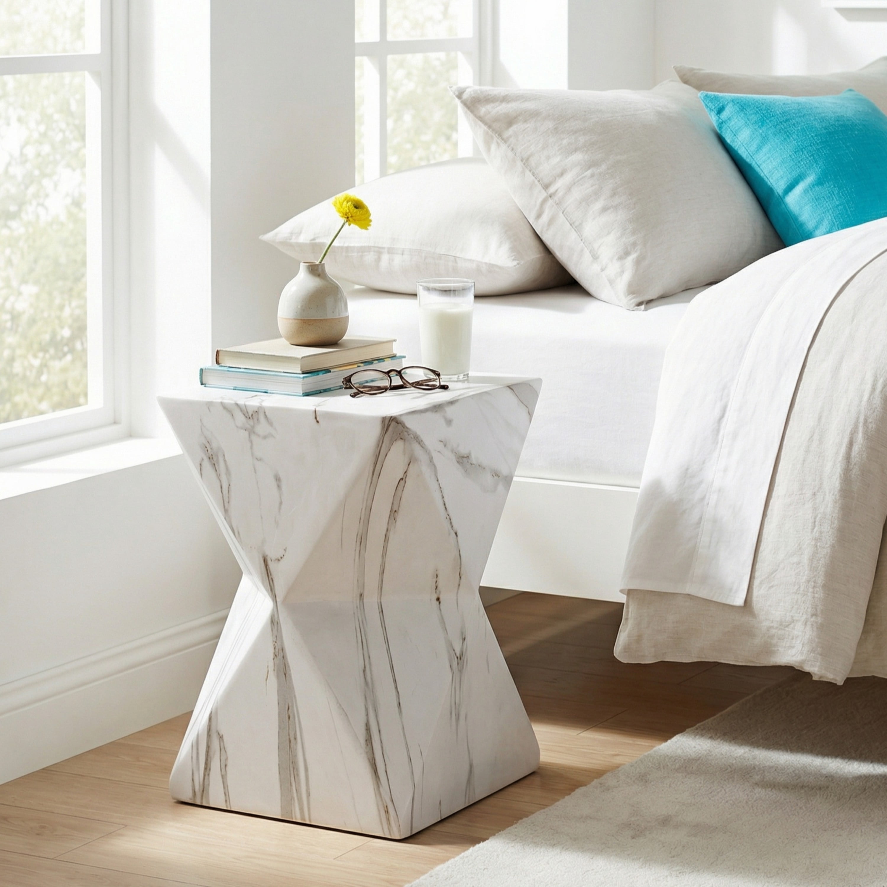 Mintazer 18.5"H Modern Geometric Hourglass MGO Side Table, Indoor & Outdoor Sculptural Accent End Table Plant Stool for Living Room Bedroom Patio Garden, White