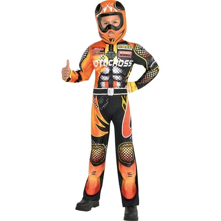 Suit Yourself Motocross Driver Costume for Boys, Includes a Black and Orange Jumpsuit and a Racing Helmet