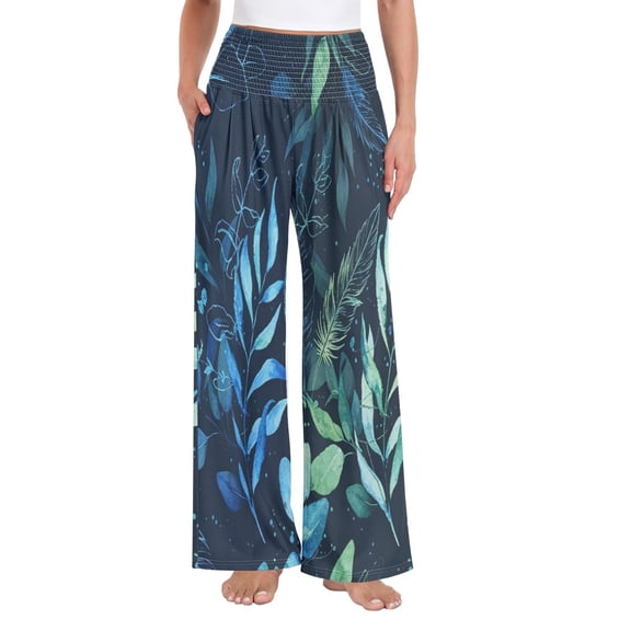 Women's Casual Pants & Capris, Soft Stretch Smocked with Pockets, Cotton-like Modal for Home/Yoga Exercises, Leafage- Blue,S