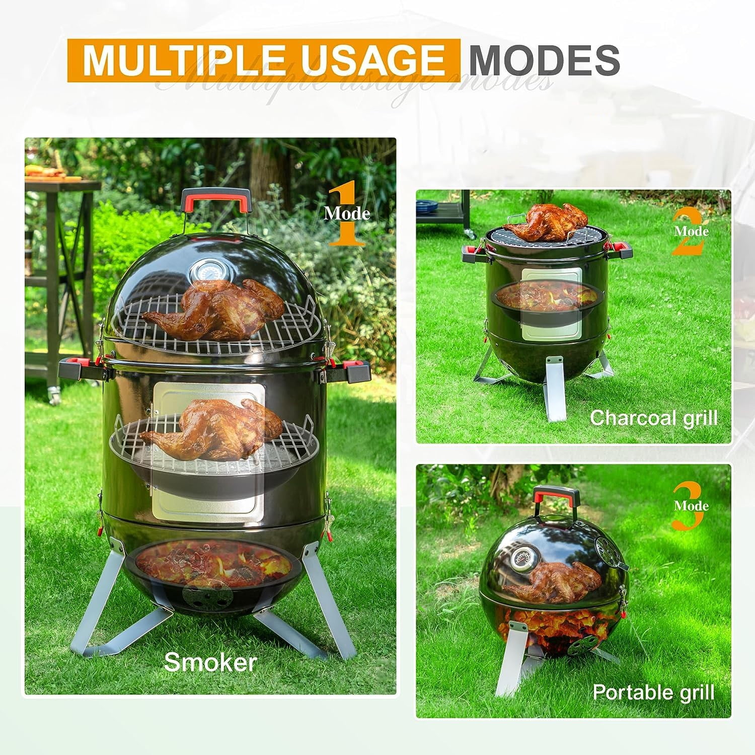 Charcoal Smoker BBQ Grill 3in1 Outdoor Vertical Smokers Portable Meat Cooker
