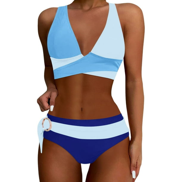 MKLEKYY Trajes De Baño Women High Waisted Bikini Sets Swimsuits Color Block Two Piece Drawstring Bathing Suit
