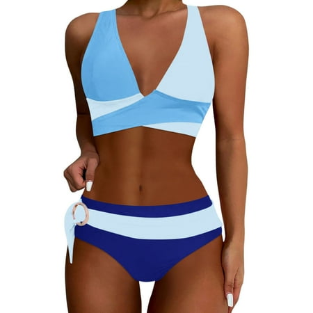 High Waisted Bikini Sets For Women Two Piece Swimsuits Wrap Front Bikini High Waisted Bottom Tummy Bathing Suits Color Block Cheeky High Cut Bathing Suits Vintage Print Swimwear #03 Blue S