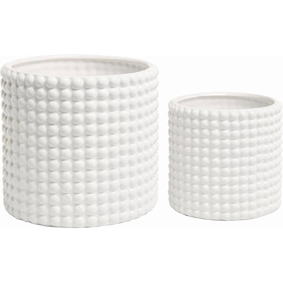 MyGift 6 Inch Ceramic Round Planter Pot, Set of 2 Vintage-Style White Ceramic Flower Pots, Indoor Hobnail Textured Cylindrical Succulent Plant Containers