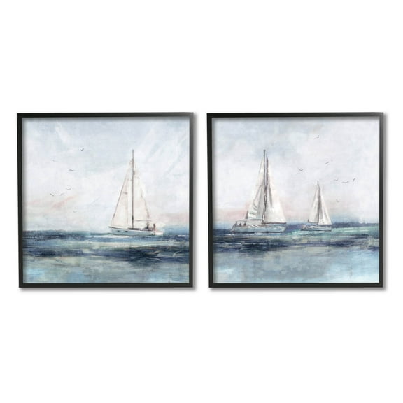 Stupell Industries Blue Sailing Ocean Scene Painting Black Framed Art Print Wall Art, Set of 2, Design by Nina Blue