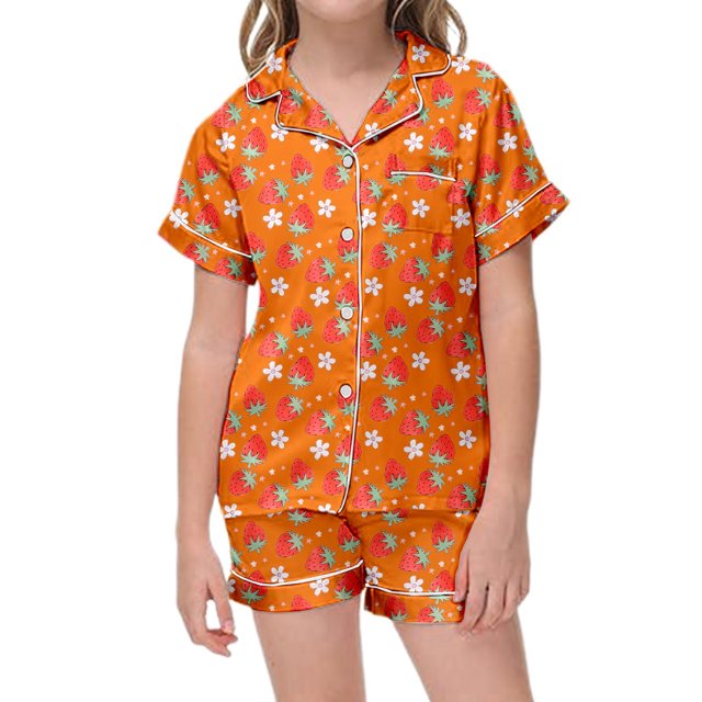 Strawberry Print Childrens Short Sleeve Button Down Pajama Set with Matching Shorts for Playful Bedtime Comfort