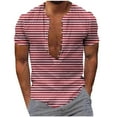 thumbnail image 2 of LYEAA Mens Short Sleeve Shirts Casual Crew Neck Beach Loose Summer Pullover T-shirts Striped Buttons Soft Comfortable Breathable Men's Tops Red L, 2 of 5