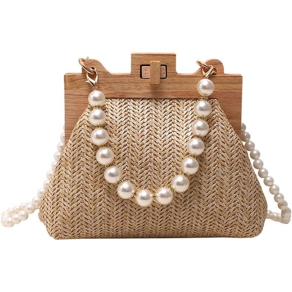 Straw Crossbody Bag For Women Woven Hobo Shoulder Bag Handbang Pearl Handle Purse Small Summer Totes