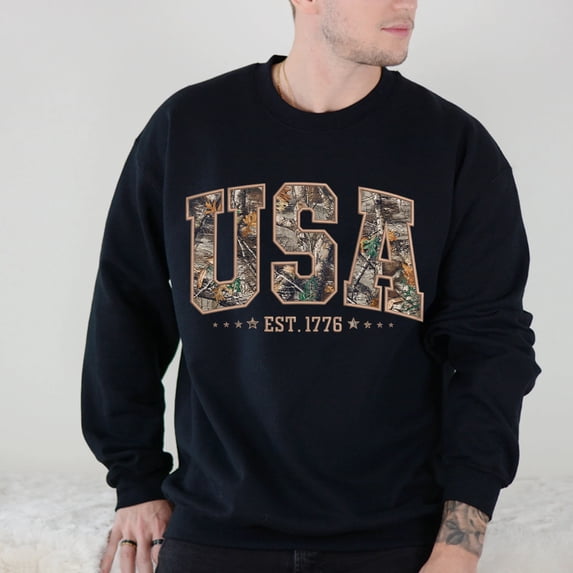 USA Est 1776 Camo Patriotic Sweatshirt for Men and Women, American Flag Graphic Crewneck, Sizes S-3XL