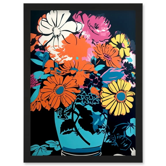 Flower Bouquet in Vase Linocut Orange Yellow Blue Pink Floral Preppy Aesthetic Artwork Framed Wall Art Print A4