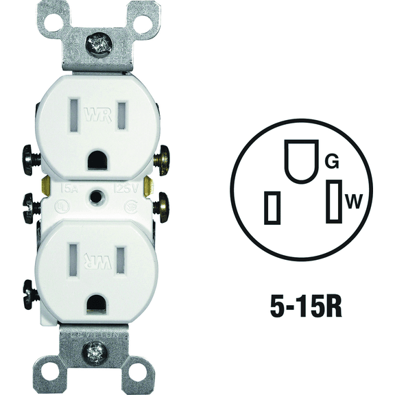 Leviton 15A Duplex Receptacle in White — UL Listed for US Residential Electrical Code Compliance, Drop-in NEC-Standard Wiring