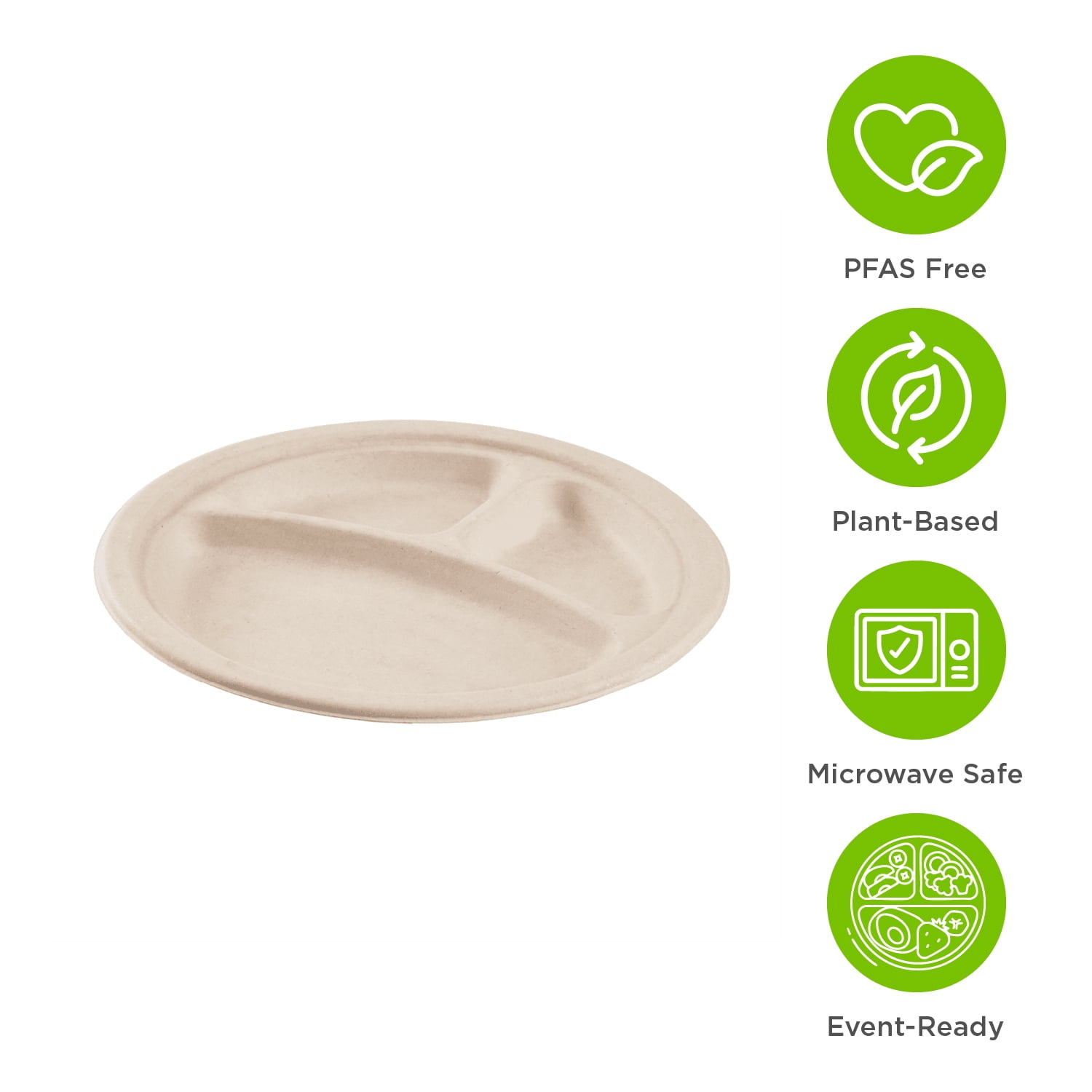 Karat Earth 3 Compartments, 9'' Paper Round Plates, Molded Fiber, Natural - 500 pcs