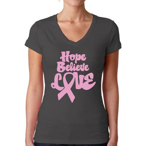 Awkward Styles Women's Hope Believe Love V-neck T-shirt Pink Ribbon Breast Cancer Awareness
