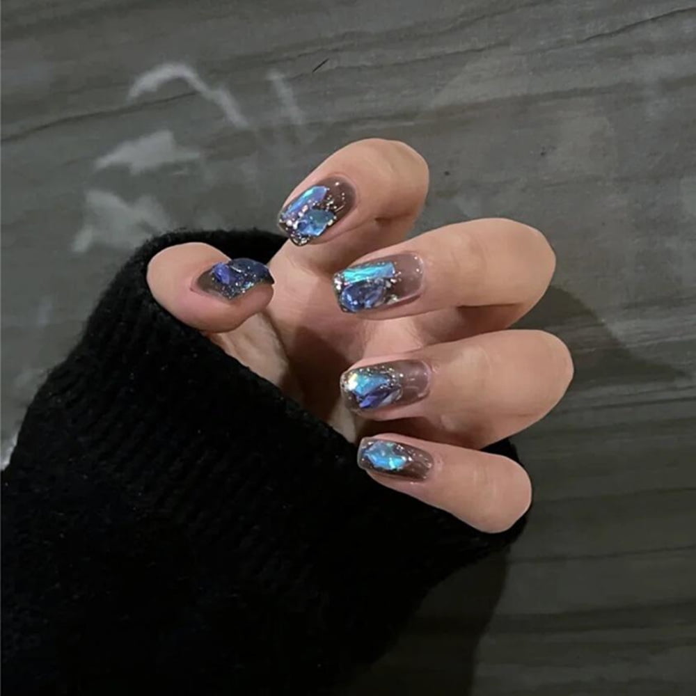 Medium Square False Nail Tips Hot Girls Elf Nail Kit with Glue Sparkly