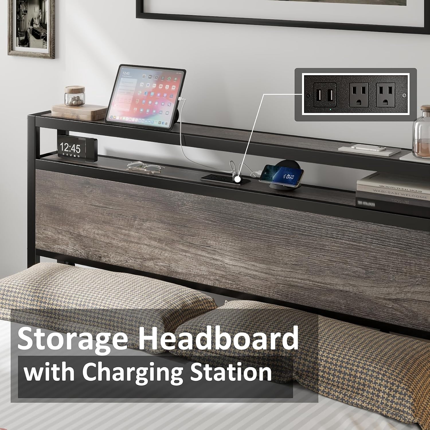 Merluxy Queen Size Bed Frame Industrial Platform Bed with Charging Station, 2-Tier Storage Headboard/ No Box Spring Needed/ Noise-Free/ Rustic Gray