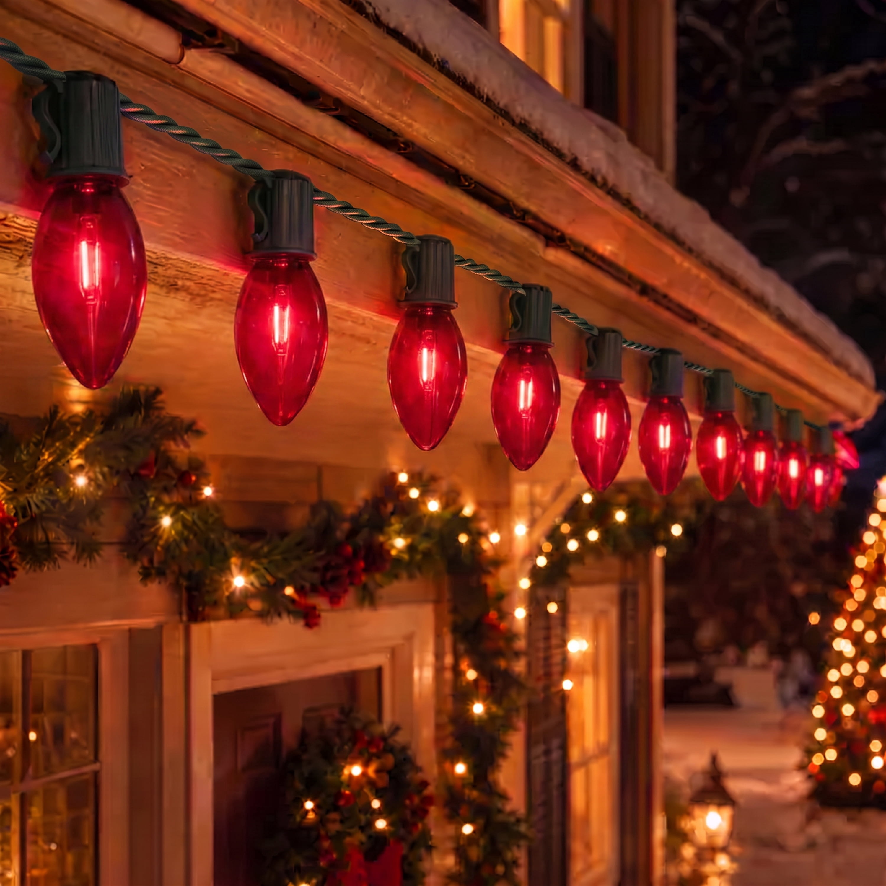 Indoor/Outdoor 25-Count LED Extra Bright Vintage-Style C9 Christmas String Lights, Red, Green Wire, 14', by Holiday Time