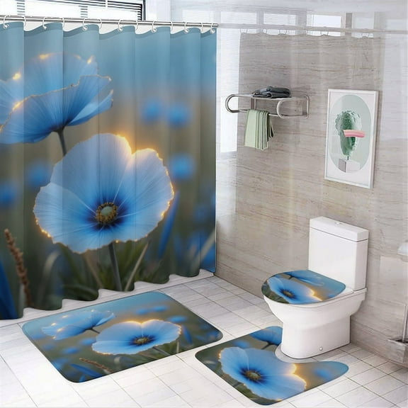 Blue Flowers at Dawn Shower Curtain Sets Non-Slip Rugs Bath Mat Toilet Cover U Shaped Mat 4 Pcs