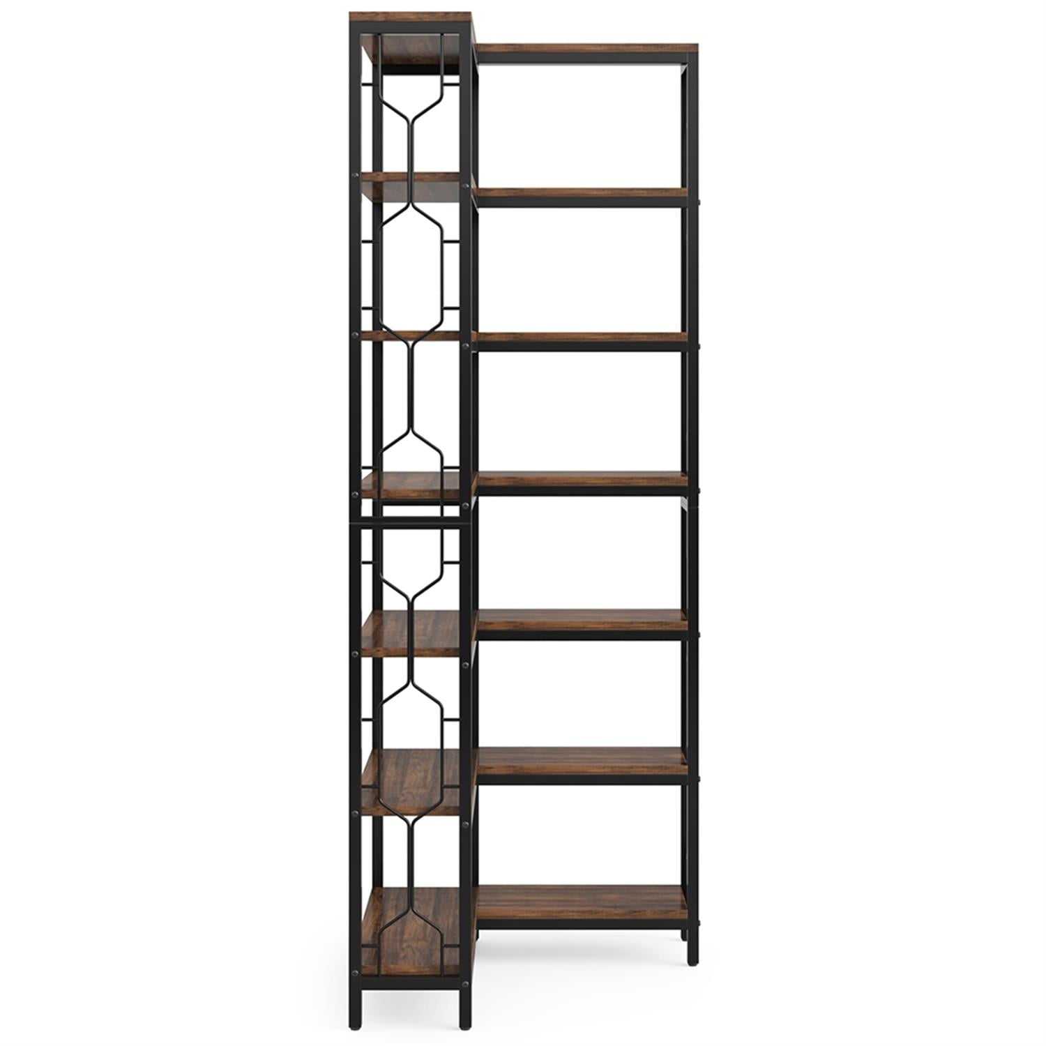 Demi Bonn 7 Tier Corner Bookshelf, Wood and Metal Bookcase Storage Organizer,dustrial Display Standing Shelf Unit for Bedroom, Living Room, Brown