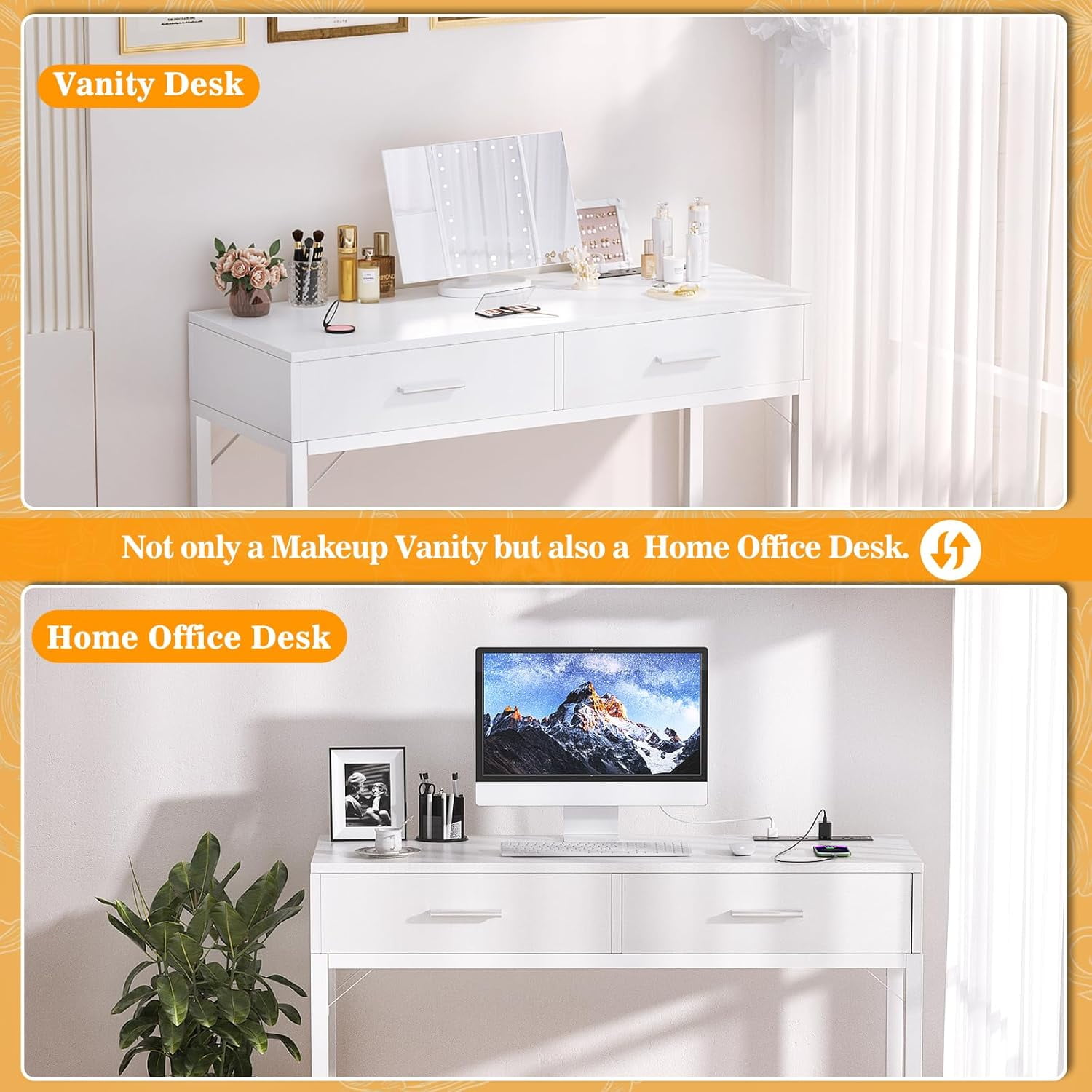 White Makeup Vanity Desk with Foldable LED Mirror, 3 Brightness Modes, 3 Magnification Levels, Built-in Power Outlet, and 2 Drawers, 36" Wide