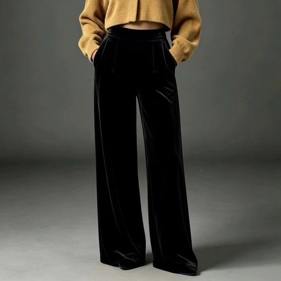 Karymi Solid Velvet Wide Leg Pants Woman, Elastic High Waist Pleated Full‑Length, Drapey Casual Pants with Side Pockets