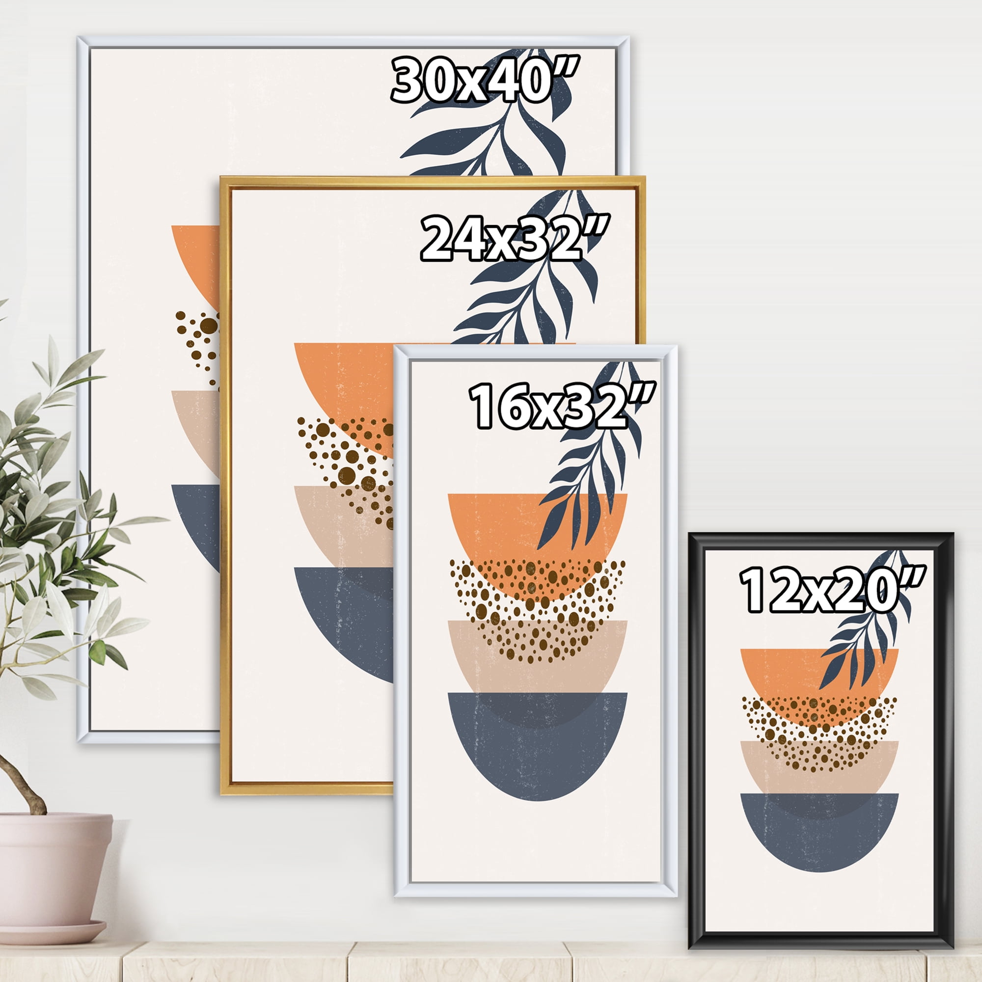 Designart 'Abstract Geometrical Moon and Sun With Leaf IV' Modern Framed Canvas Wall Art Print
