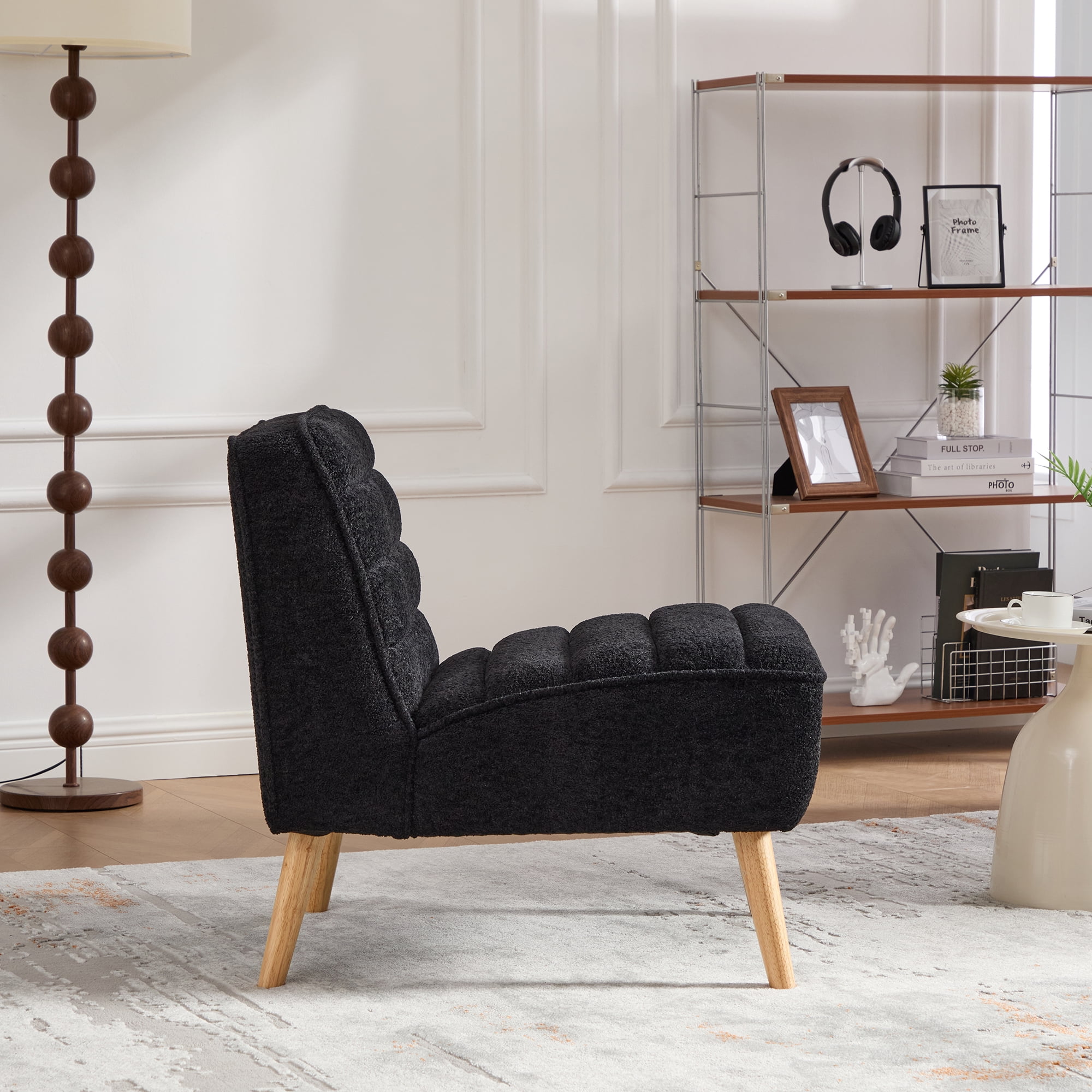 Armless Accent Chair, Upholstered Chair, Chenille Accent Chair with Rubber Wood Legs, Black for Living Room, Bedroom, Office