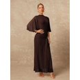 thumbnail image 4 of Womens Brown Boat Neck Flowy Mesh Long Sleeve Cinched Ribbon Maxi Dress, 4 of 8