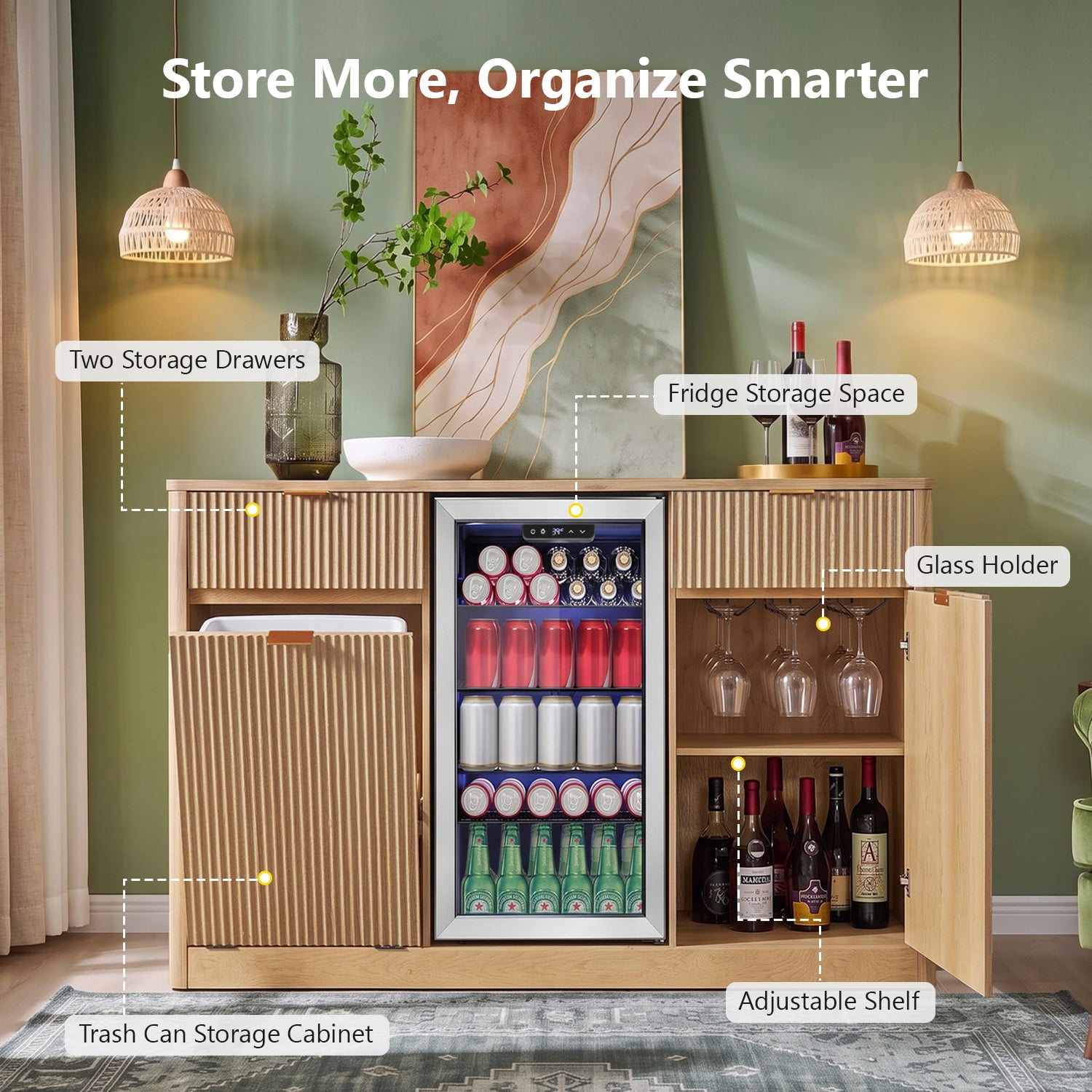 Mintazer 59" Fluted Coffee Bar Cabinet with Fridge Space & Tilt-Out Trash Cabinet, Sideboard with Charging Station and Wine Glass Holder & Adjustable Shelves for Kitchen Dining Living Room, Natural