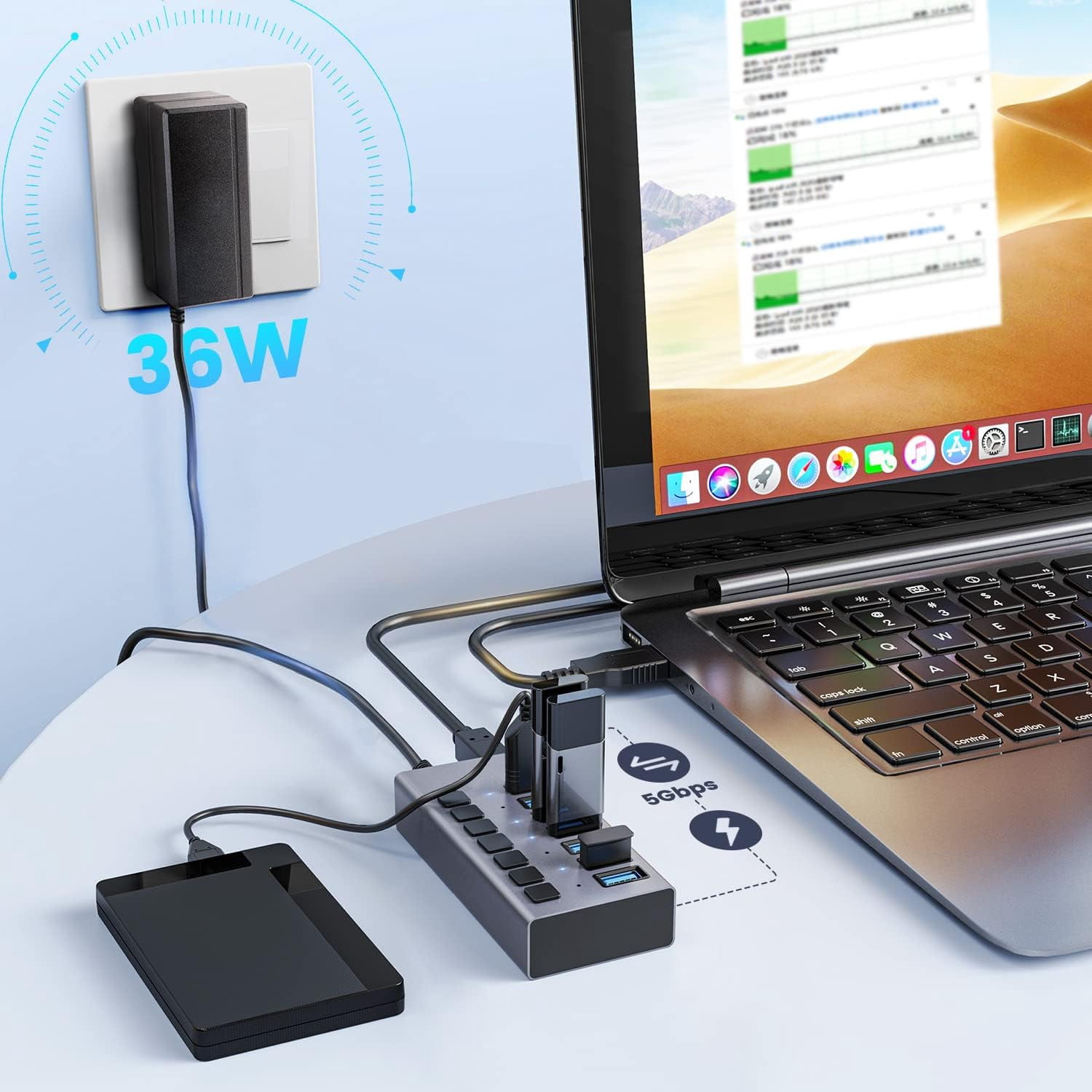 Powered USB Hub -  7 Ports 36W USB 3.0 Data Port & Charge Port, Aluminum Housing, Individual On/Off Switches, 12V/3A Power Adapter, 5Gbps High Speed, USB 3.0 Hub for Laptop, PC, Computer, Mobile HDD