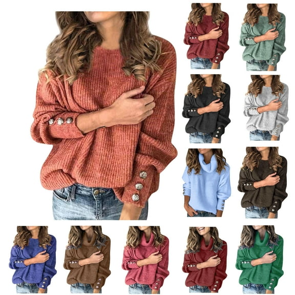 Oksale Plus Size Sweaters for Women Casual Round Neck Sweater with Button Dector Comfortable Long Sleeve Pullover Warm Winter Fall Tops
