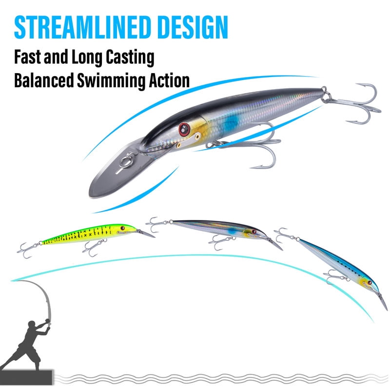 Dr.Fish Deep Diving Trolling Lures 13-20ft Saltwater Hard Fishing Lures 7.3" Deep Diving Jerkbait VMC Treble Hooks Pencil Twitch Bait Heavy Duty Offshore Plugs Striper Mackerel Tuna