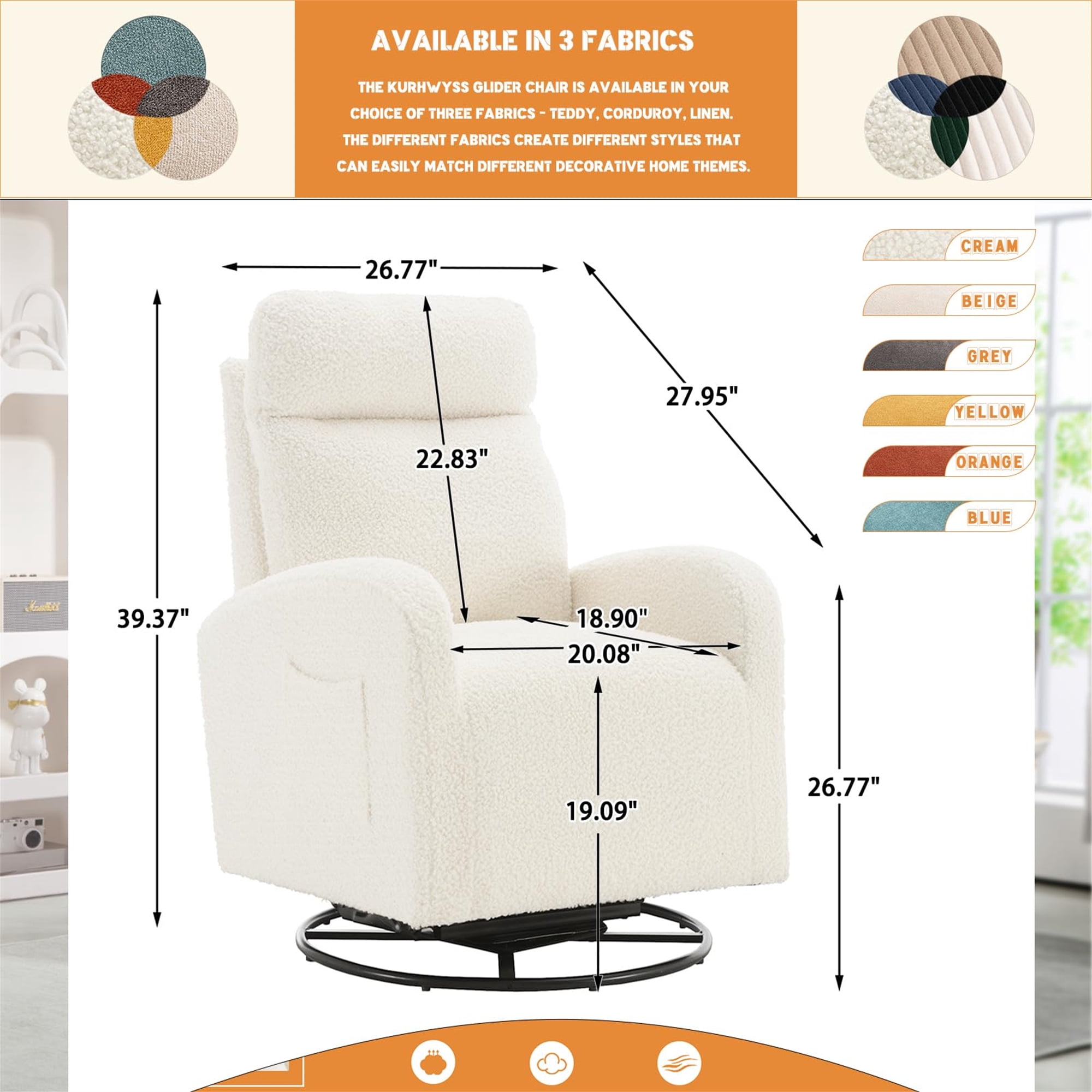 Aukfa Swivel Glider Chair for Nursery, Modern High Back Rocker Chair w/ Storage, Teddy Fabric, White