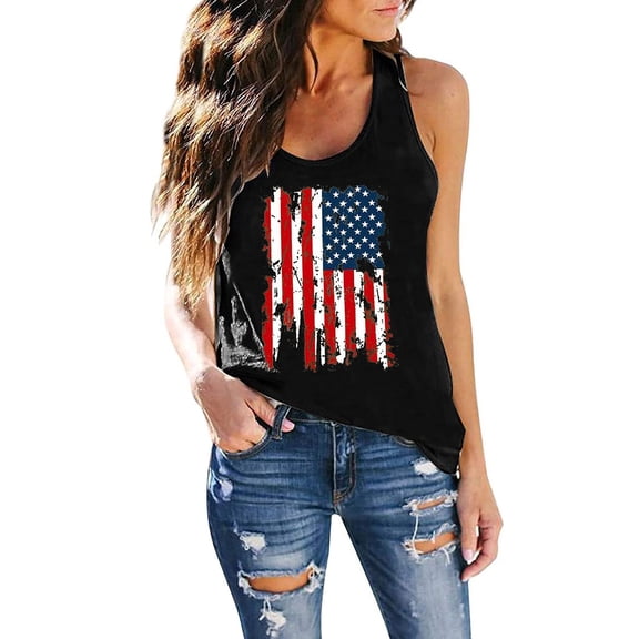 JFGHDG Women Tank Top Loose Fit Cute Graphic Sleeveless Basic Tunic Tank Tops 4th Of July Tank Tops With American Flag Patriotic Tees American Flag Short Sleeve Tops Black L