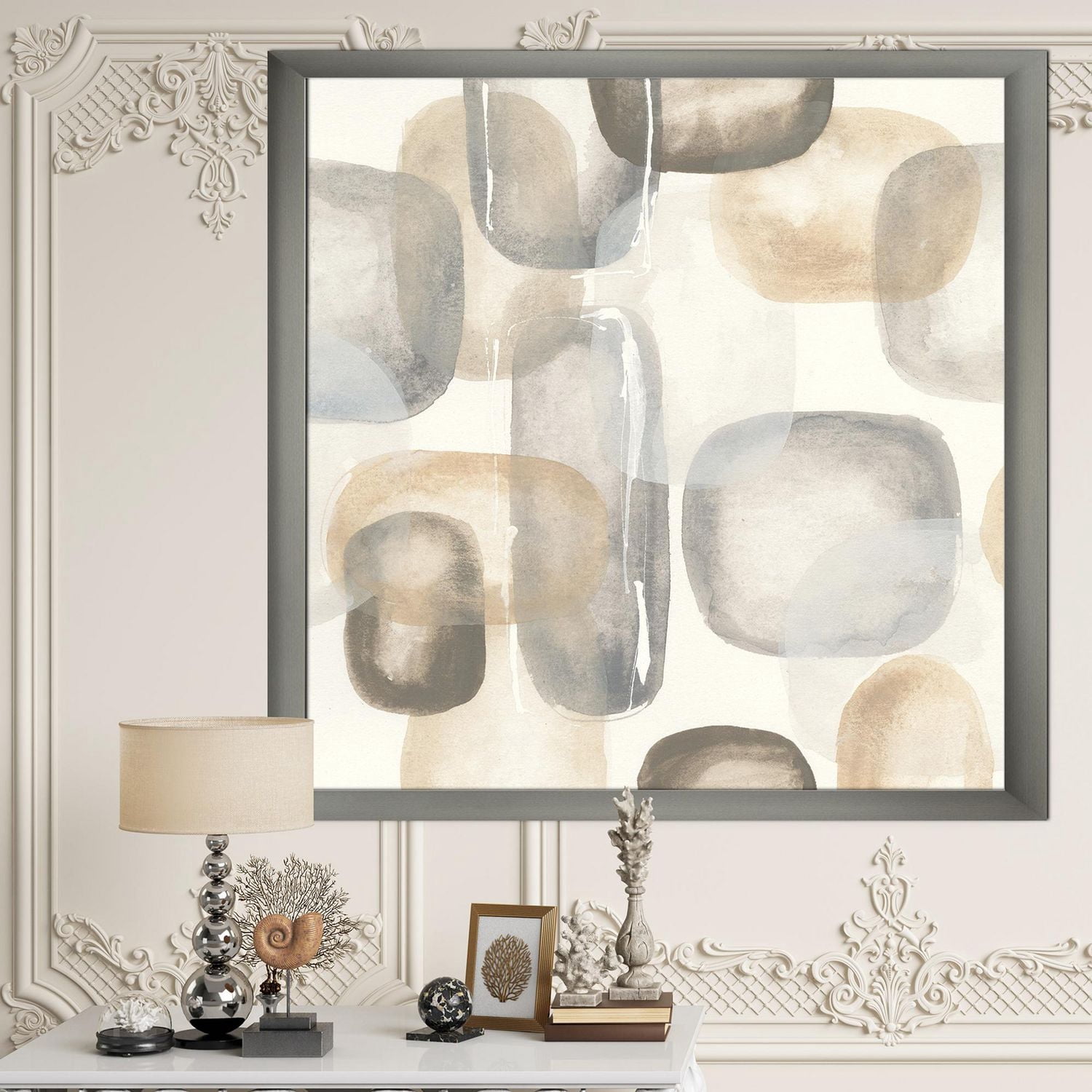 Designart Neutral Oval Grey Stones I Framed Wall Art