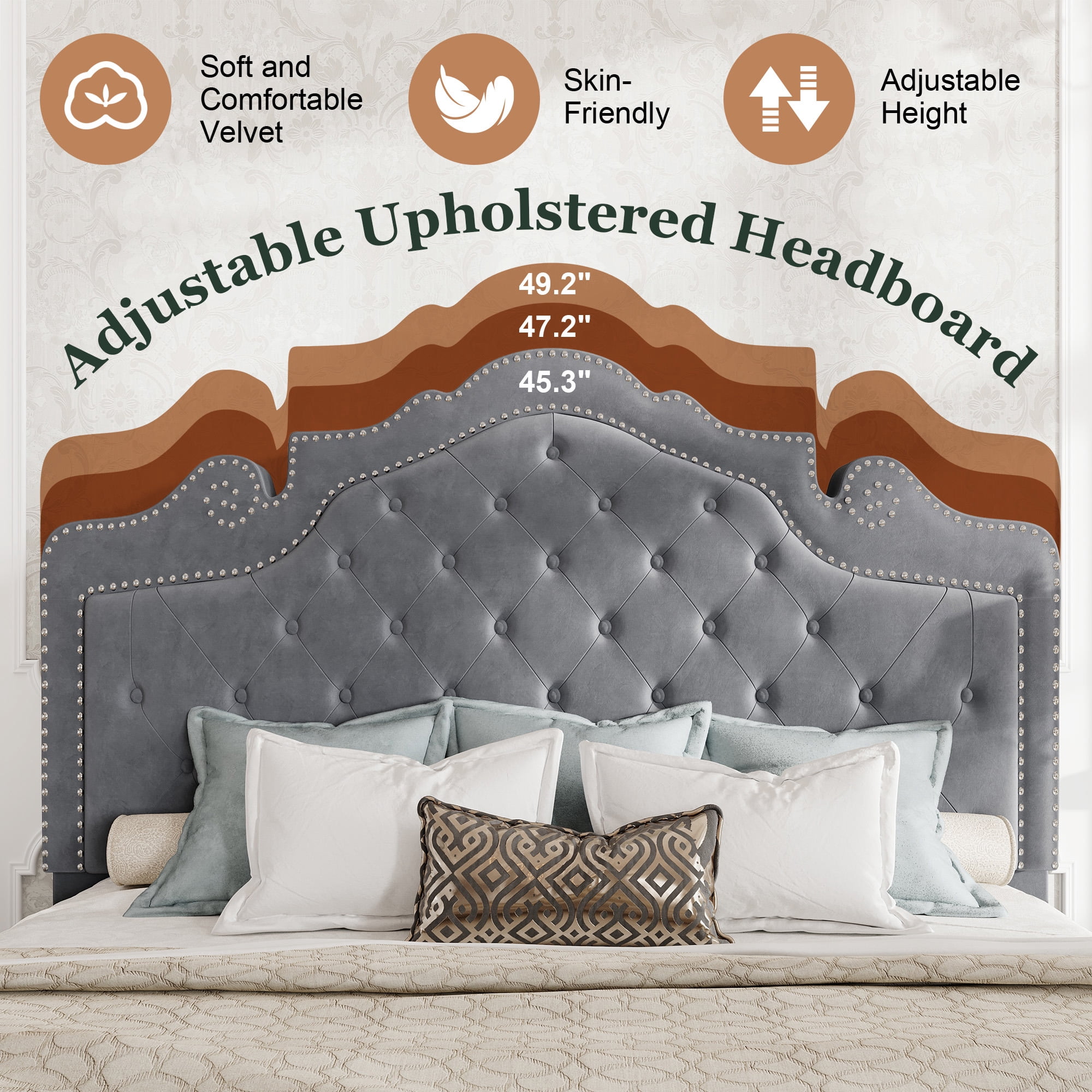 Amolife Queen Bed Frame with Adjustable Crown-Shaped Headboard, Upholstered Platform Bed, No Box Spring Required, Gray