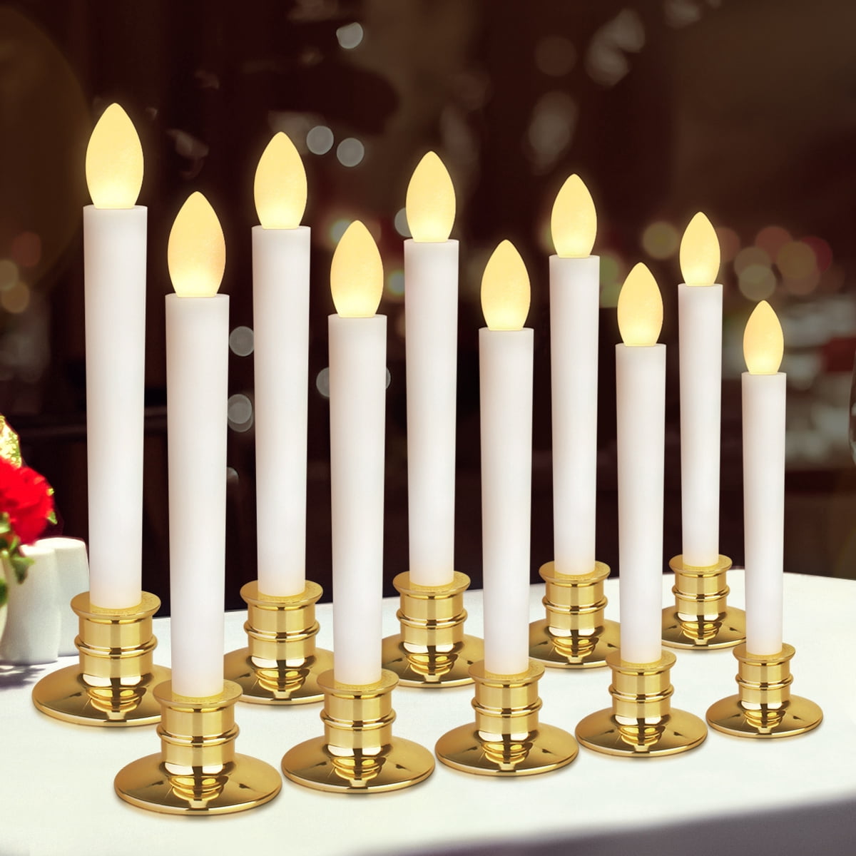 12 PCS LED Window Candles with Remote Timer Battery Operated Flameless Taper Christmas Candles Light with Gold Base Flickering